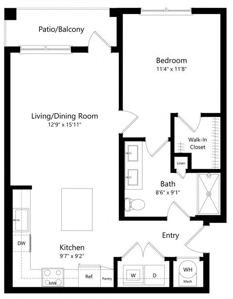 Floor plan for 1 bed, 1 bath, 689 sqft